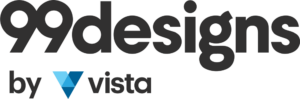 Logo da 99designs by Vista em PNG com inscrições cinza-escuras e símbolo azul da Vista em fundo transparente