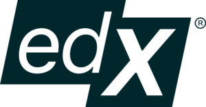 Логотип edX с белыми буквами на двух смещённых тёмных наклонных плашках