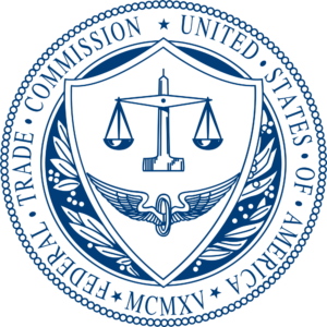 Emblema circular azul e branco da Federal Trade Commission com escudo e balança em PNG com fundo transparente