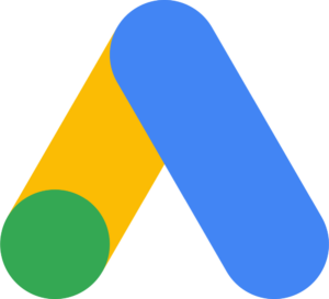 Google Ads icon with blue and yellow strokes and a green circle, transparent PNG