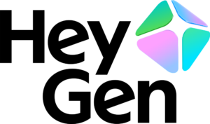 Vertikales HeyGen Logo mit schwarzem Schriftzug und buntem Symbol, transparentes PNG