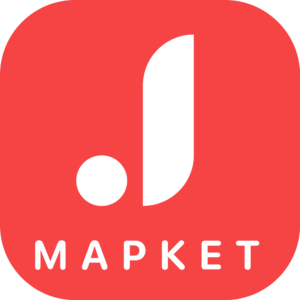 Rotes quadratisches Joom-Market-Icon mit weißem Symbol und der Aufschrift МАРКЕТ im PNG-Format mit transparentem Hintergrund