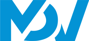 Logotipo MDV — símbolo azul de letras entrelazadas de la marca de climatización sobre fondo transparente — PNG