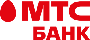 MTS Bank — logotipo rojo con un símbolo en forma de huevo y el nombre en dos líneas, en PNG transparente