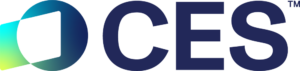 Colour CES symbol — circle and tilted shape with cyan, green and blue gradient fills — PNG