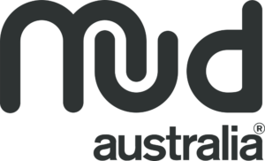 Dunkelgraues Mud Australia Logo mit gerundetem mud und kleiner australia-Schrift