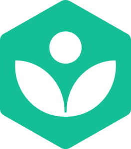 Emblème hexagonal vert de Khan Academy avec un personnage blanc et des feuilles