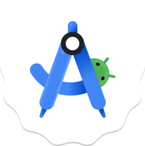 Android-Studio-Logo mit blauem Zirkel und grünem Android-Kopf auf einer weißen Fläche mit geformtem Rand im PNG-Format mit transparentem Hintergrund