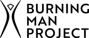 Black Burning Man Project logo with a raised-arm human figure and three lines of lettering