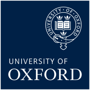 Logotipo quadrado de University of Oxford sobre painel azul-escuro com emblema, nome e borda brancos