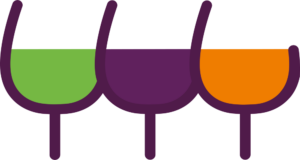 WineLab — three glasses with green, purple and orange fills, PNG with a transparent background