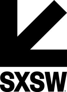 Vertical black SXSW logo with a large down-left arrow above the lettering