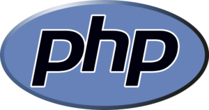 Blaues ovales PHP Logo mit schwarzen geneigten Buchstaben, weißer Umrandung und Verlaufsrand