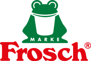 Rã verde com a palavra MARKE acima do nome Frosch em vermelho — PNG com fundo transparente