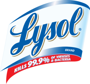 Nome Lysol em letras cursivas azuis sobre fundo azul-claro com faixas azul e vermelha — PNG com fundo transparente