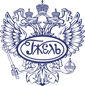 Blue Gzhel Association logo with a double-headed eagle, crowns and an oval shield bearing the name on a transparent background