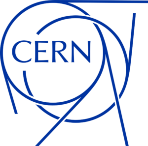 Logotipo azul do CERN em contorno com anéis entrelaçados e trajetórias de partículas