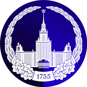 Rundes MSU Emblem mit weißem Hauptgebäude, Kranz und der Jahreszahl 1755 auf blauem Grund