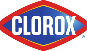 Nome CLOROX em branco em um losango vermelho com fundo azul e linhas amarelas — PNG com fundo transparente