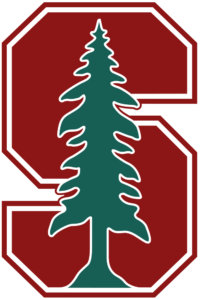 Logotipo de Stanford University com S vermelho, árvore verde e contorno claro