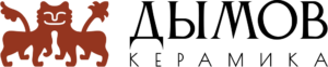 Dymov Keramika logo with a terracotta figurative symbol and a black name on two lines, on a transparent background